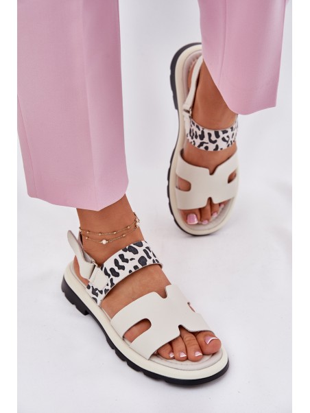 Ladies Leather Sandals On Flat Heel Leopard Vinceza 66780 Beige