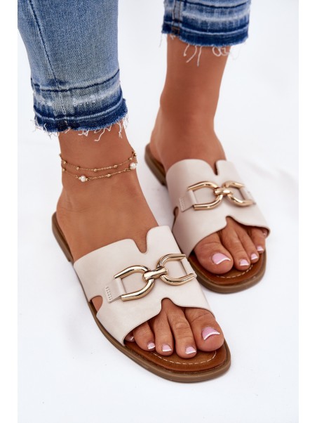 Ladies Flat Slippers With Decorative Detail Beige Amiresna