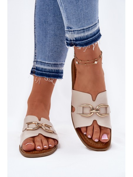 Ladies Flat Slippers With Decorative Detail Beige Amiresna