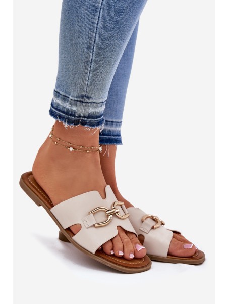 Ladies Flat Slippers With Decorative Detail Beige Amiresna