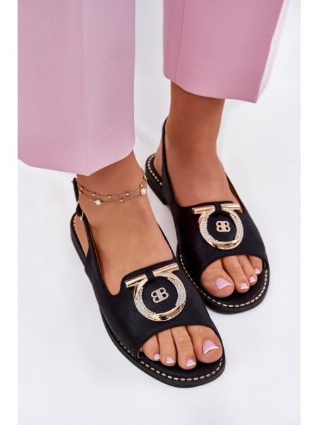 Elegant Sandals With Decoration On Flat Heel S.Barski KV51-003 Black