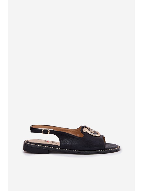 Elegant Sandals With Decoration On Flat Heel S.Barski KV51-003 Black