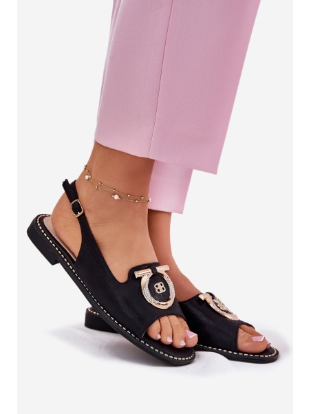 Elegant Sandals With Decoration On Flat Heel S.Barski KV51-003 Black