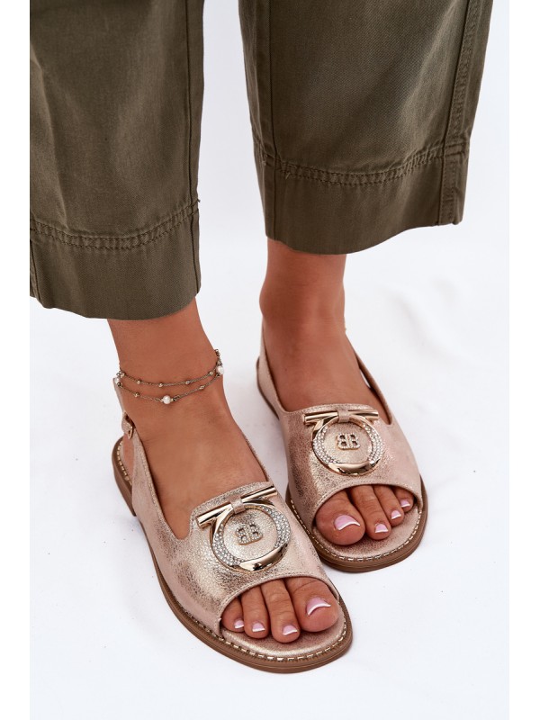 Elegant Sandals With Decoration On Flat Heel S.Barski KV51-003 Rose Gold