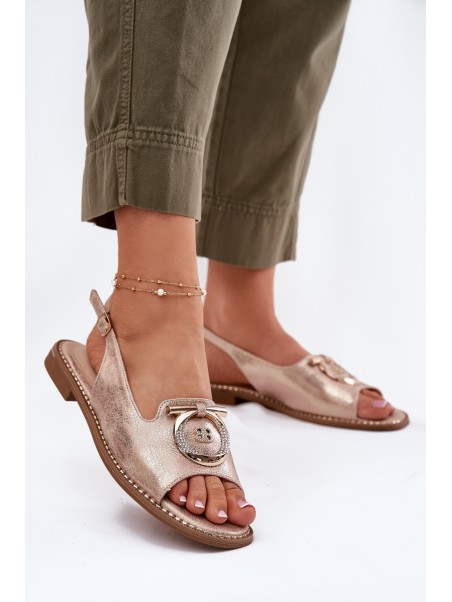 Elegant Sandals With Decoration On Flat Heel S.Barski KV51-003 Rose Gold