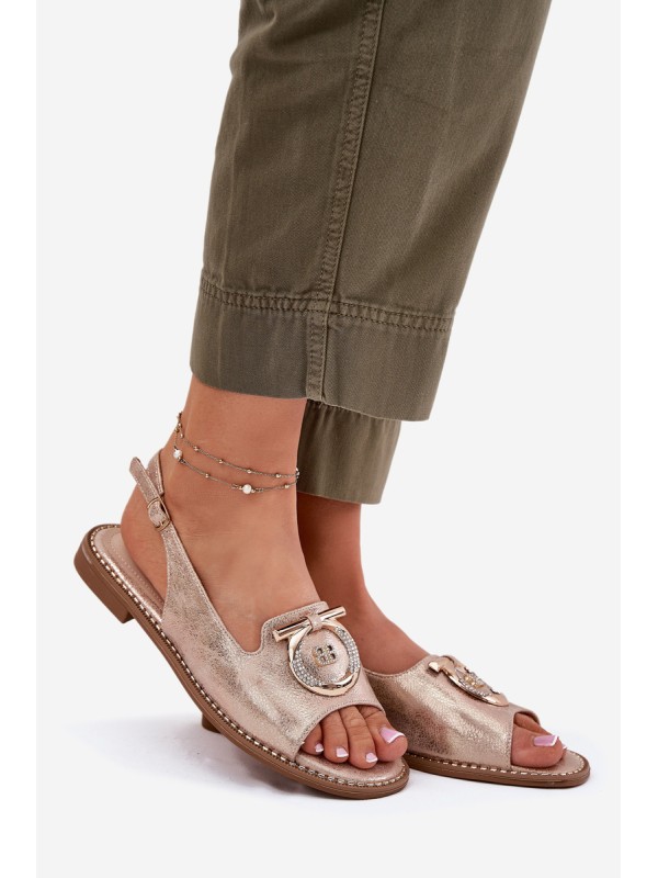 Elegant Sandals With Decoration On Flat Heel S.Barski KV51-003 Rose Gold