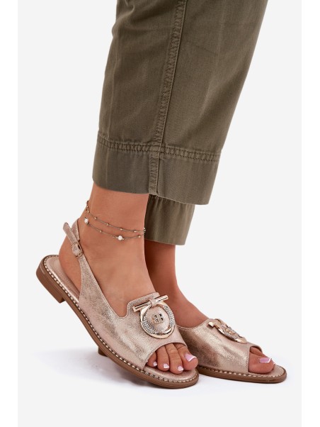 Elegant Sandals With Decoration On Flat Heel S.Barski KV51-003 Rose Gold