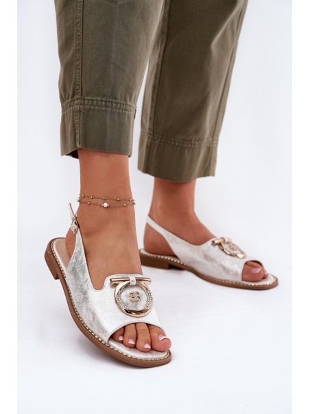 Elegant Sandals With Decoration On Flat Heel S.Barski KV51-003 Silver
