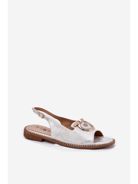 Elegant Sandals With Decoration On Flat Heel S.Barski KV51-003 Silver