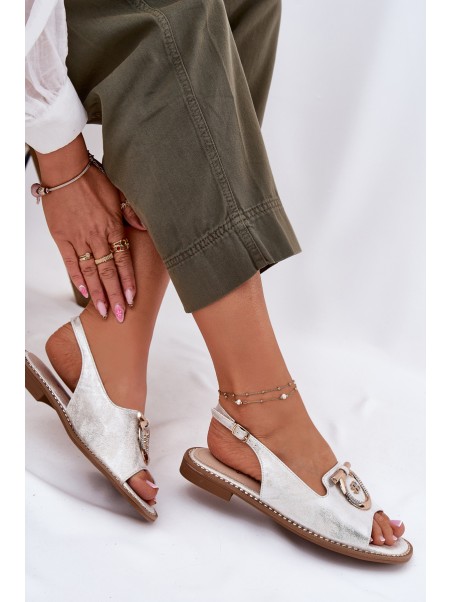 Elegant Sandals With Decoration On Flat Heel S.Barski KV51-003 Silver