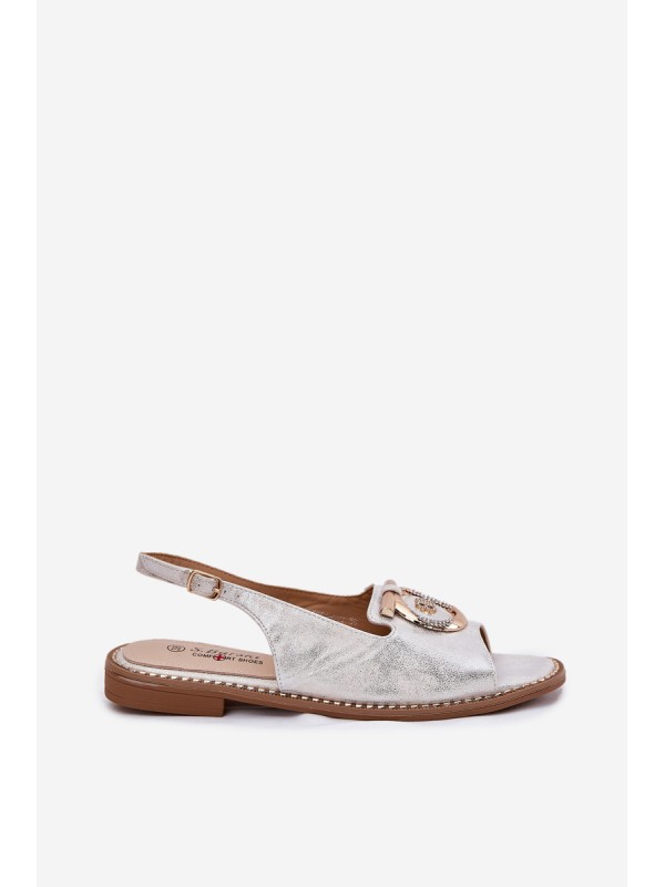 Elegant Sandals With Decoration On Flat Heel S.Barski KV51-003 Silver