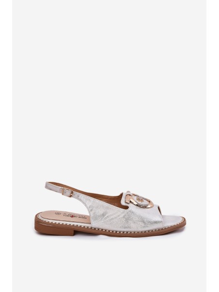 Elegant Sandals With Decoration On Flat Heel S.Barski KV51-003 Silver