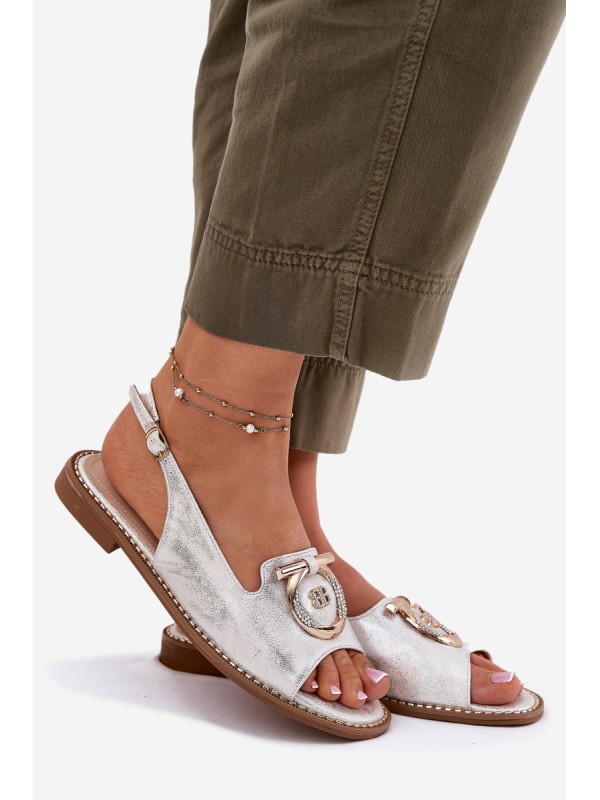 Elegant Sandals With Decoration On Flat Heel S.Barski KV51-003 Silver