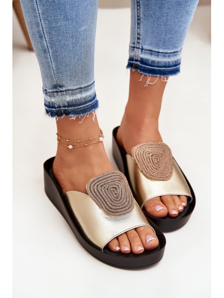 Women's Leather Slippers With Decoration KV51-028 Gold