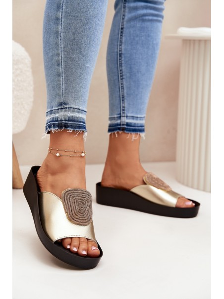 Women's Leather Slippers With Decoration KV51-028 Gold
