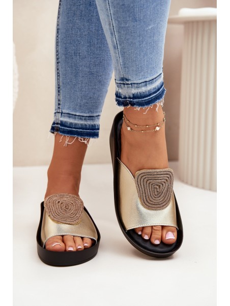 Women's Leather Slippers With Decoration KV51-028 Gold