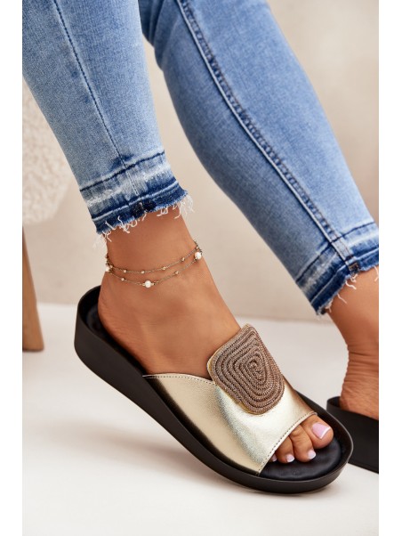 Women's Leather Slippers With Decoration KV51-028 Gold