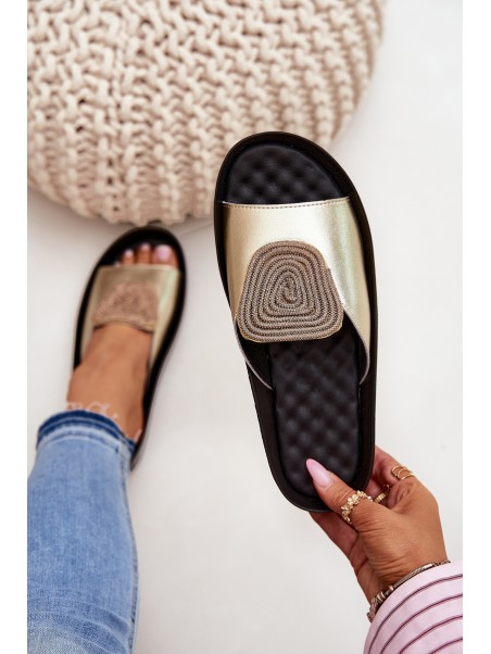 Women's Leather Slippers With Decoration KV51-028 Gold