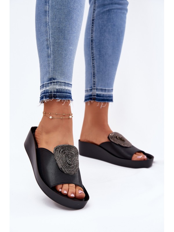 Leather Ladies Slippers With Decoration KV51-028 Black