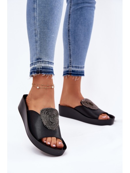 Leather Ladies Slippers With Decoration KV51-028 Black