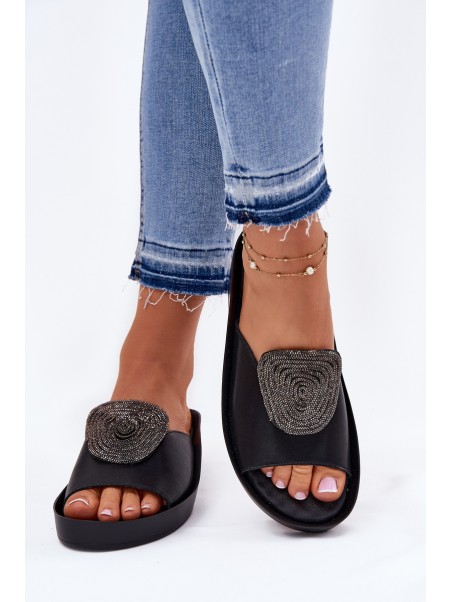Leather Ladies Slippers With Decoration KV51-028 Black