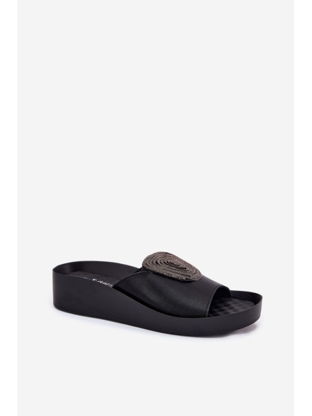 Leather Ladies Slippers With Decoration KV51-028 Black