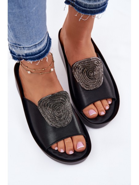 Leather Ladies Slippers With Decoration KV51-028 Black