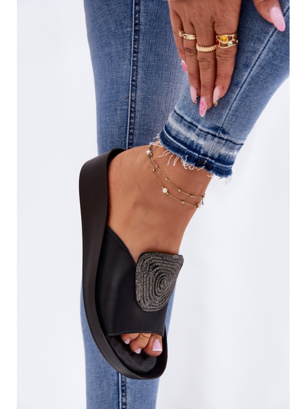 Leather Ladies Slippers With Decoration KV51-028 Black