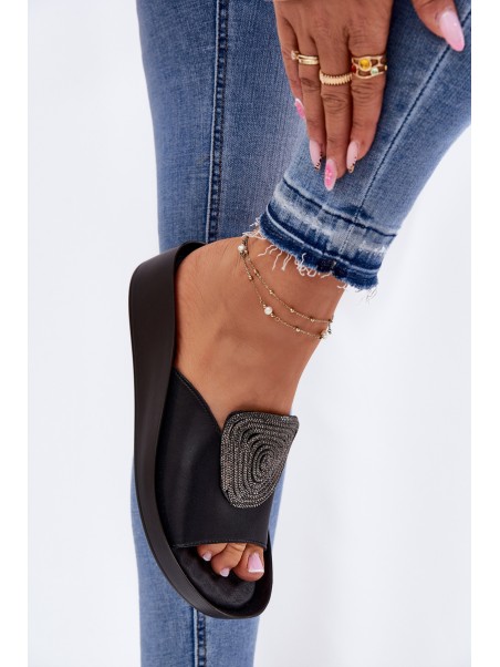 Leather Ladies Slippers With Decoration KV51-028 Black