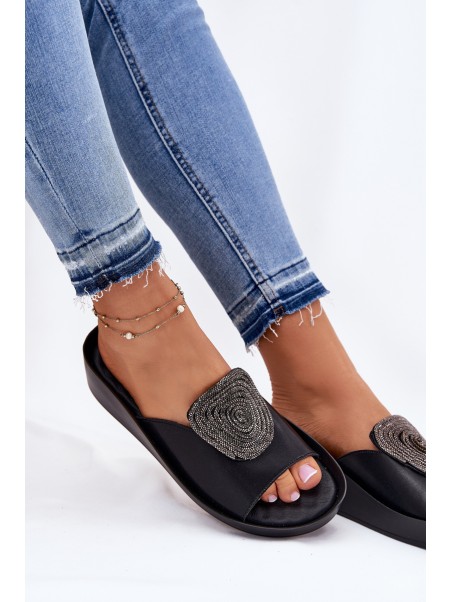 Leather Ladies Slippers With Decoration KV51-028 Black