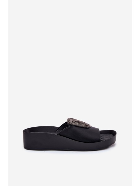 Leather Ladies Slippers With Decoration KV51-028 Black