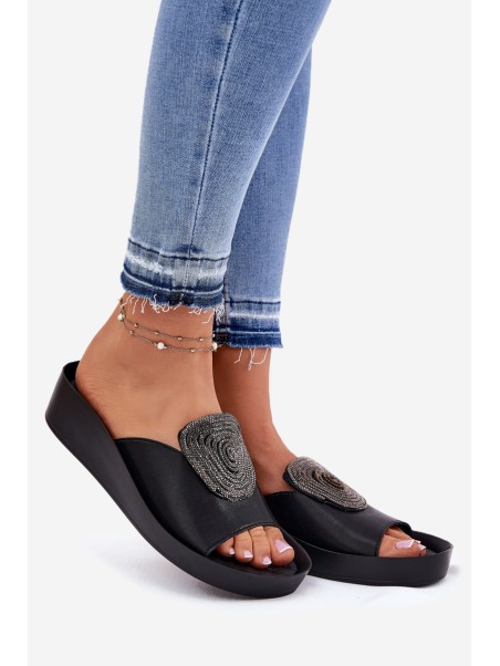 Leather Ladies Slippers With Decoration KV51-028 Black