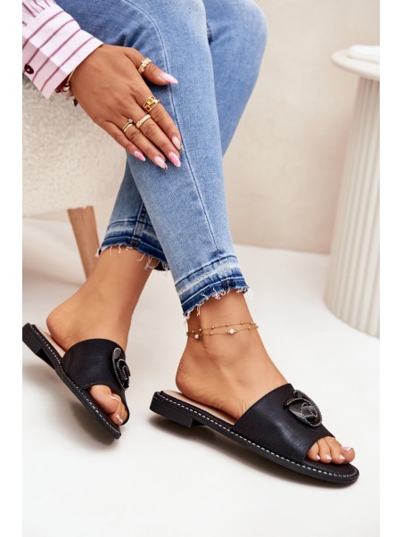 Women's Flat Sandals With Decorative Detail KV51-007 Black