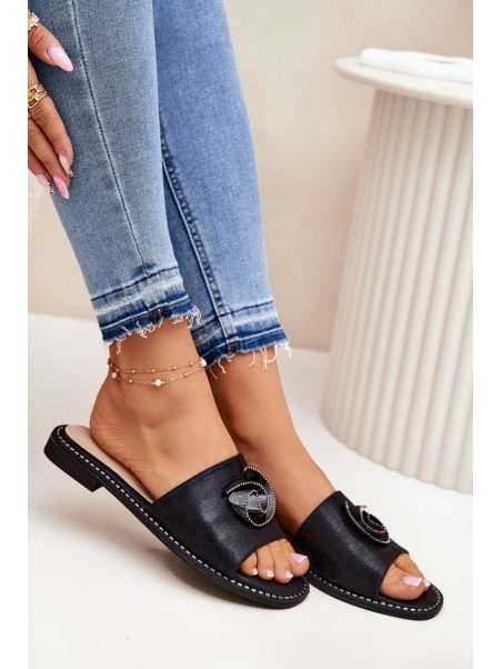 Women's Flat Sandals With Decorative Detail KV51-007 Black
