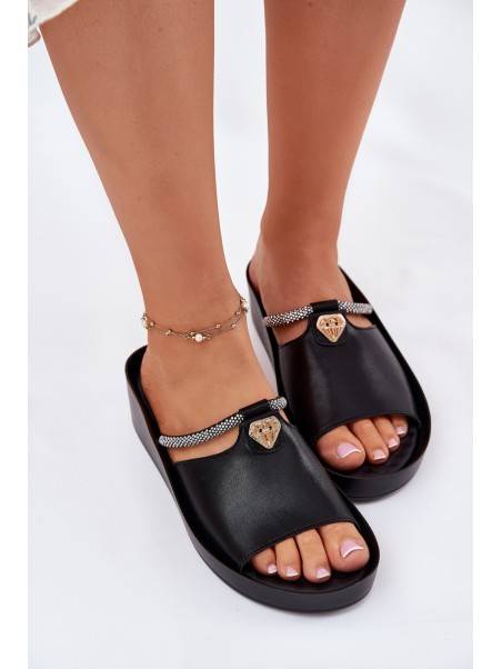 Leather Women's Slippers With Decorative Strap KV51-034 Black