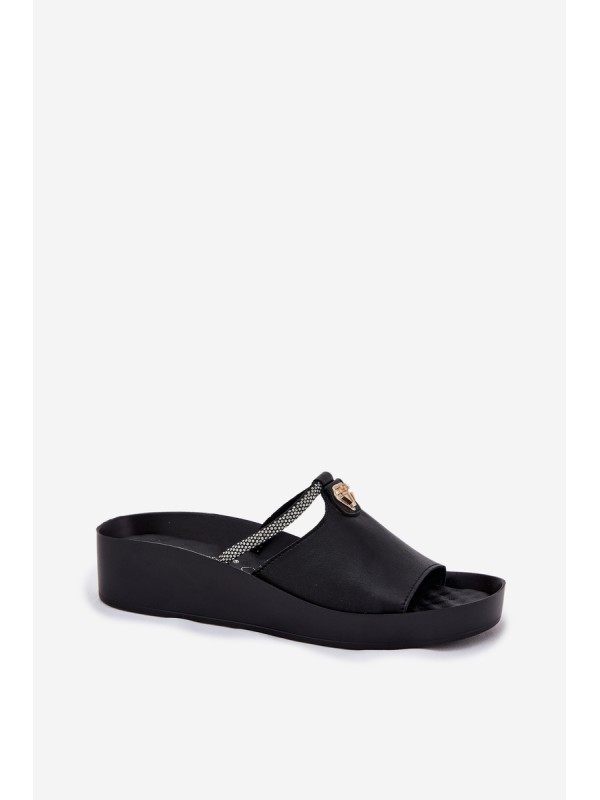 Leather Women's Slippers With Decorative Strap KV51-034 Black