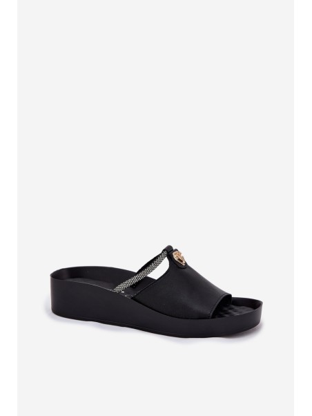 Leather Women's Slippers With Decorative Strap KV51-034 Black
