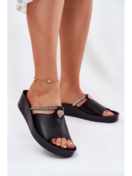 Leather Women's Slippers With Decorative Strap KV51-034 Black