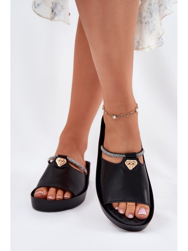 Leather Women's Slippers With Decorative Strap KV51-034 Black