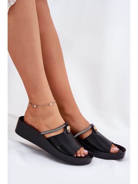 Leather Women's Slippers With Decorative Strap KV51-034 Black