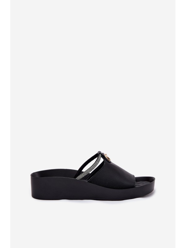 Leather Women's Slippers With Decorative Strap KV51-034 Black
