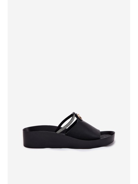 Leather Women's Slippers With Decorative Strap KV51-034 Black
