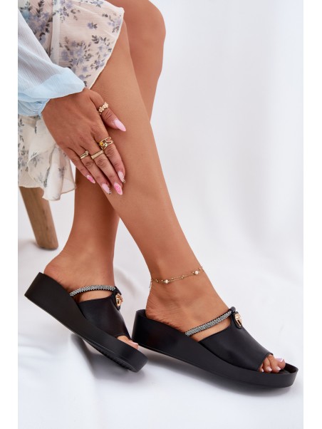 Leather Women's Slippers With Decorative Strap KV51-034 Black
