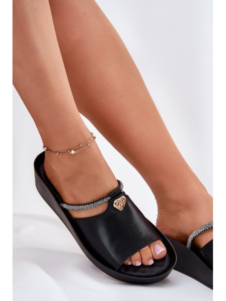 Leather Women's Slippers With Decorative Strap KV51-034 Black