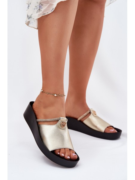 Leather Women's Slippers With Decorative Strap KV51-034 Gold