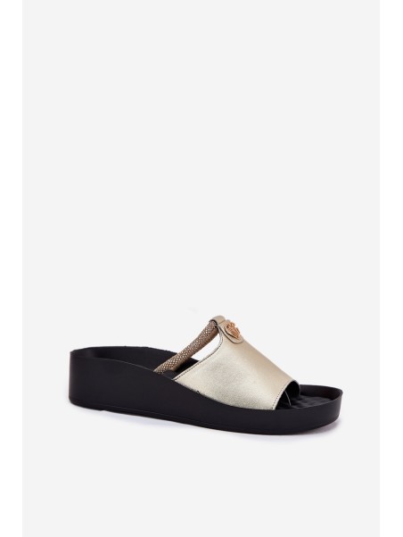 Leather Women's Slippers With Decorative Strap KV51-034 Gold