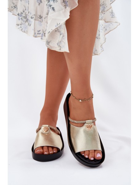 Leather Women's Slippers With Decorative Strap KV51-034 Gold