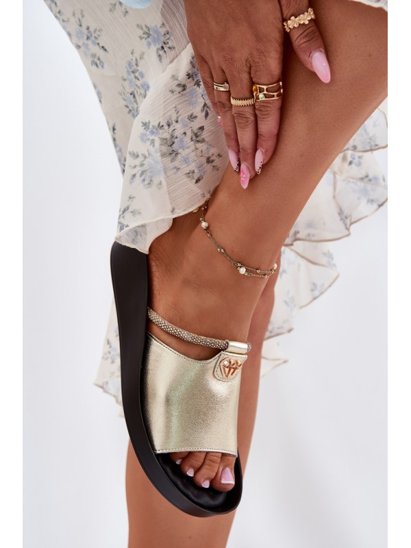 Leather Women's Slippers With Decorative Strap KV51-034 Gold