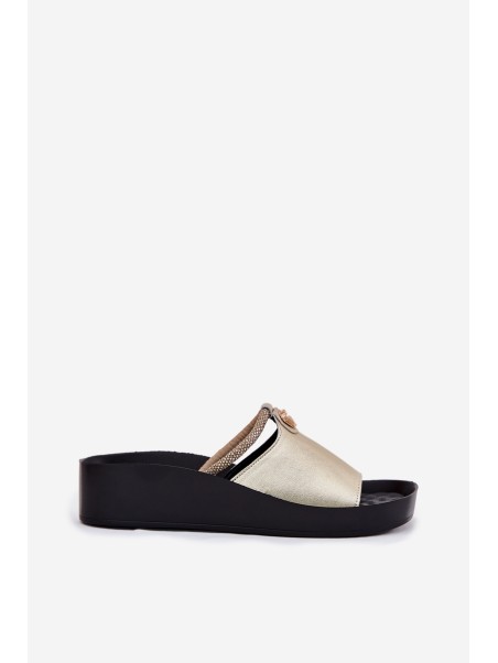 Leather Women's Slippers With Decorative Strap KV51-034 Gold