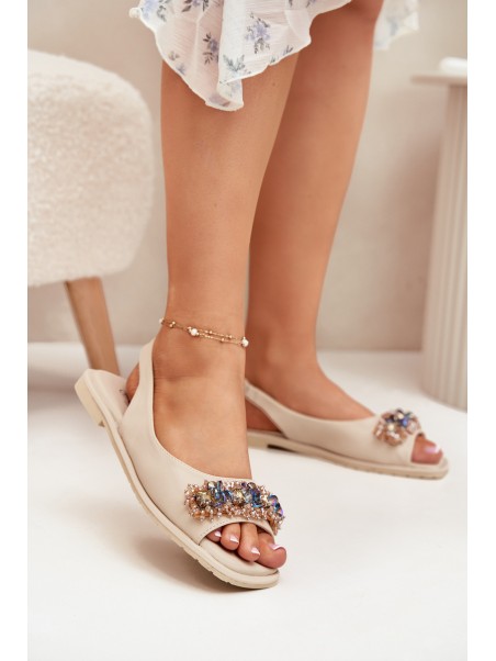 Women Flat Sandals With Crystals S.Barski KV51-079 Beige